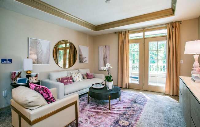 Spacious Living Room with French Doors at Best Apartments in Buckhead GA