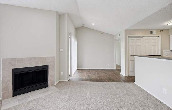 B2 carpeted living room with white walls and a fireplace at Jefferson Place Apartments in Irving, TX