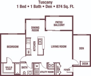 2 beds, 1 bath, 874 sqft, $1,605