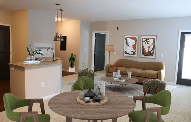 a living room and kitchen with a table and chairs