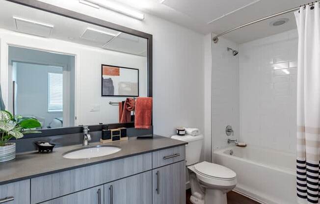 a bathroom with a sink toilet and a mirror