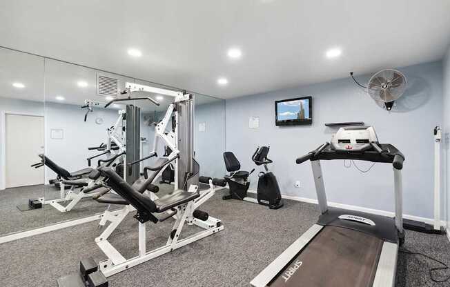 A home gym with a treadmill, weights, and exercise equipment.