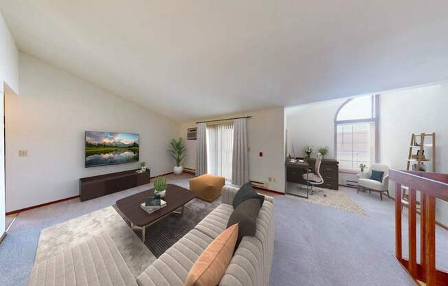 A living room with a couch, a coffee table, and a painting on the wall.