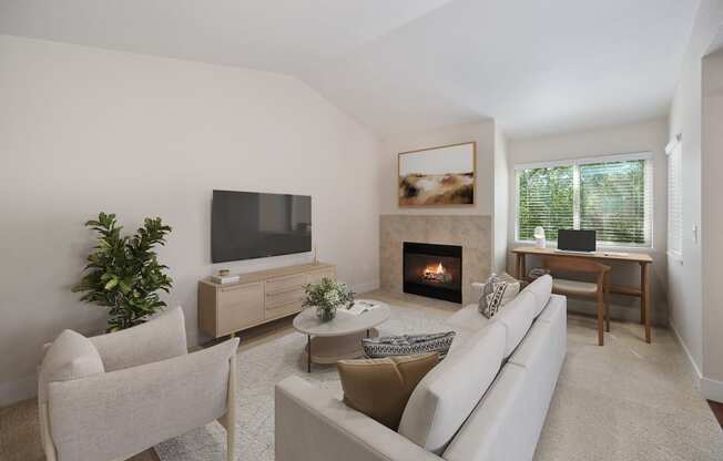 a living room with a couch and a tv and a fireplace