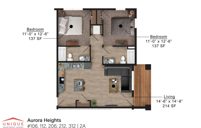 2 beds, 2 baths, 905 sqft, $1,380, Unit 105