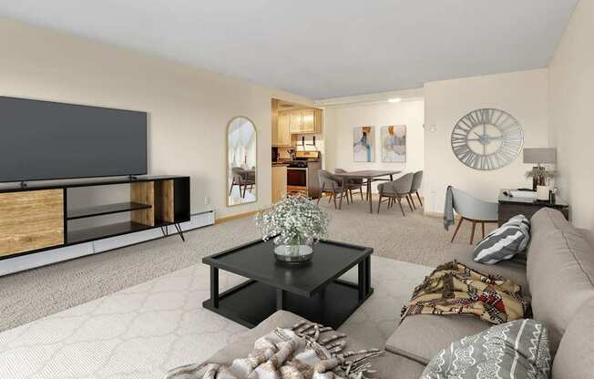 A living room with a flat screen TV, a coffee table, and a couch.