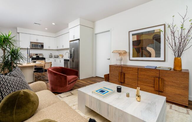 Living Room With Kitchen View at Fedora Bliss LLC, California, 91367