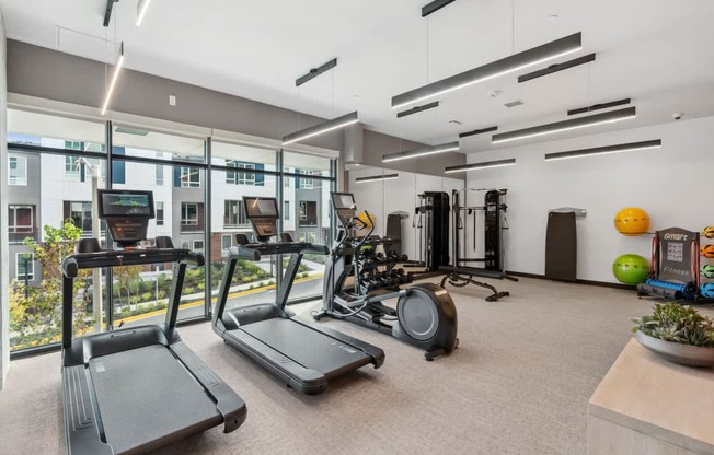 A gym with treadmills, exercise equipment, and a bowl of fruit.