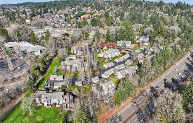 A bird's eye view of a residential area with houses and trees.