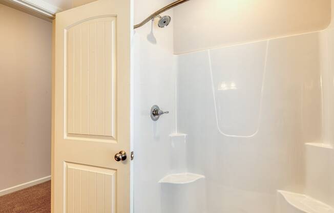 a white shower in a bathroom with a door