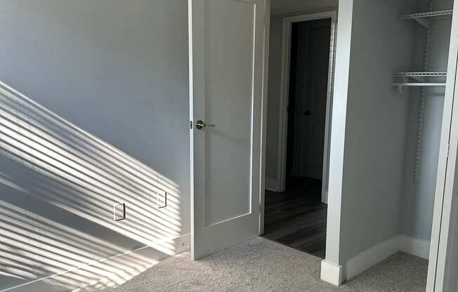 A white door is open to a dark hallway.