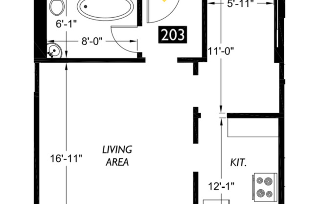 Studio, 1 bath, 515 sqft, $1,395, Unit 203