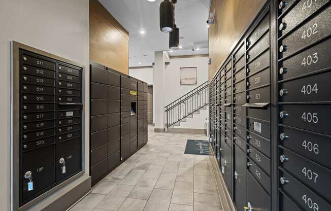 the lockers in the hallway of a building with a staircase at Alton Jefferson Park, Colorado, 80211