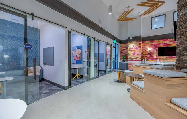 Modern coworking space with private offices and meeting rooms