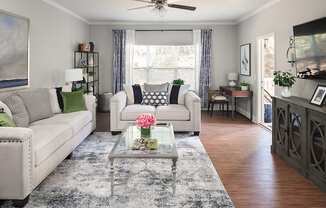 a living room with couches and a coffee table