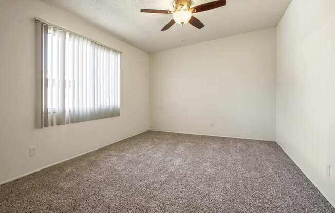 Bedroom with ceiling fan and carpeted flooring