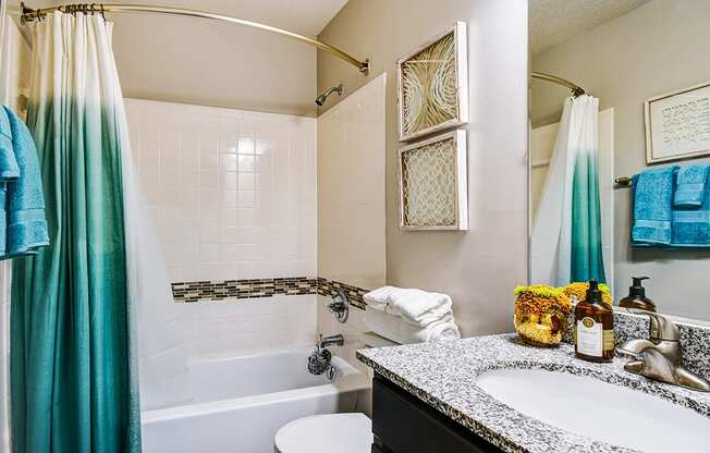 Bathroom in a 1-bed, 1-bath apartment at Ashton Brook, featuring a bathtub, toilet and vanity.