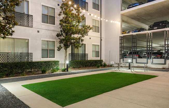 A tree is lit up at night in a courtyard.