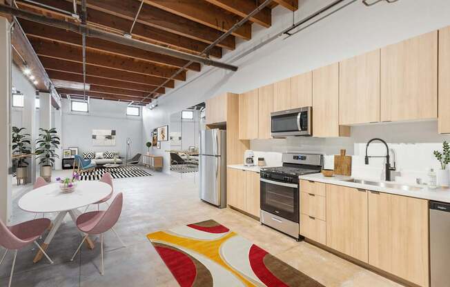 A kitchen with wooden cabinets and a white countertop.