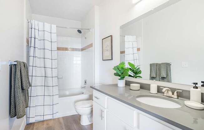 A bathroom with a toilet, sink, and shower.