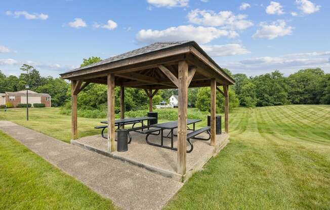 a pavilion with a picnic table in a park