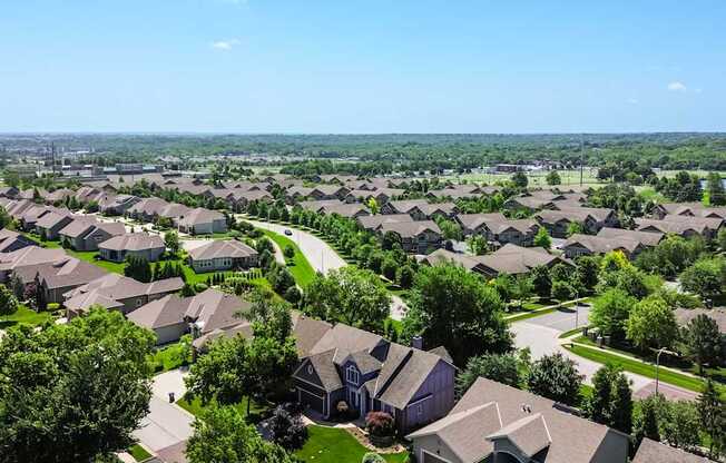 A bird's eye view of a residential neighborhood with houses and trees.