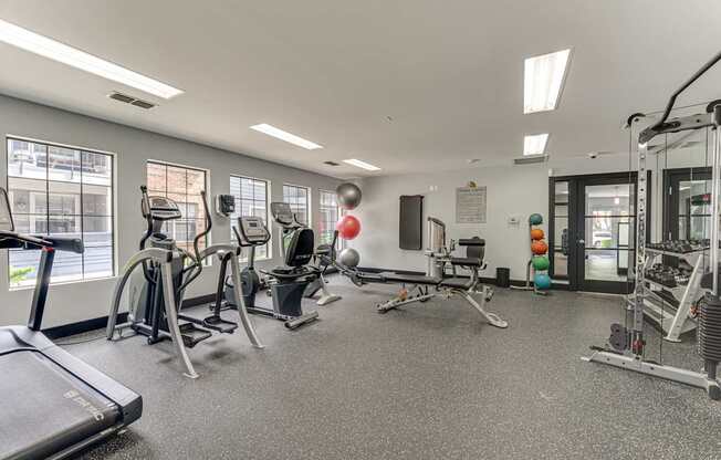 A gym with treadmills, weights, and exercise equipment.