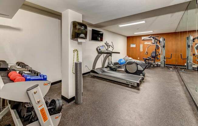 a gym with weights and a tv in the corner