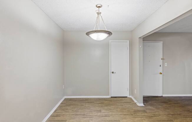 A room with a light hanging from the ceiling and two doors.