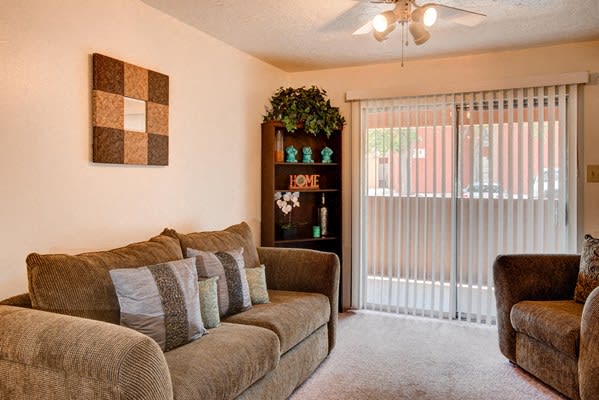 Living Rooms With Decorative Blinds at Desert Creek, Albuquerque, NM 87107