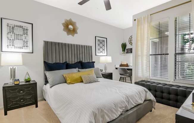 Yorktown Crossing apartments bedroom with ceiling fan