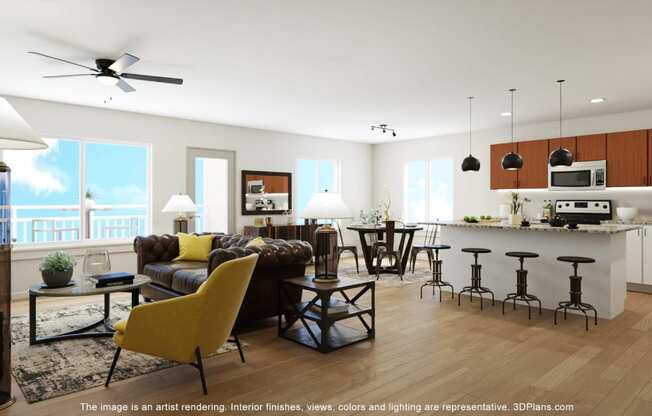 Lighted Ceiling Fan and Sofa in Living Room  at Gibson Oaks, Lakeland, FL, 33809