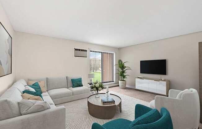 A living room with a grey sofa, a white armchair, and a coffee table.