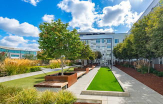 A modern building with a green lawn in front.