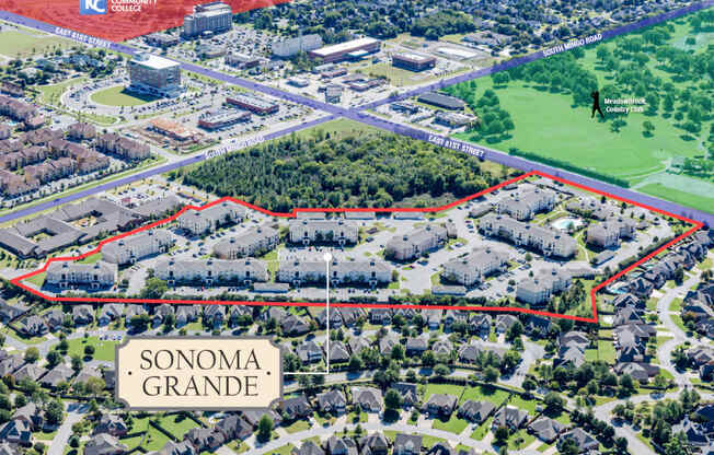 Aerial view of the apartment community with community outlined in red Sonoma Grande Apartments in South Tulsa, OK 1, 2 & 3 Bedrooms.