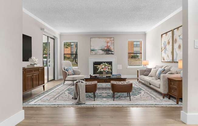 A living room with a fireplace and a couch.