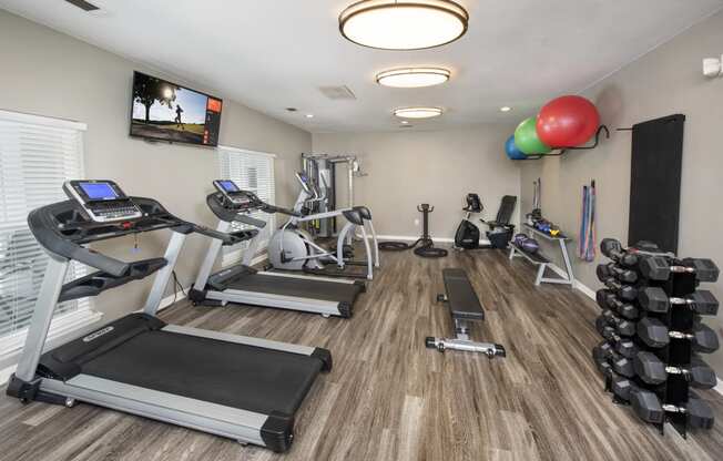 a gym with cardio machines and weights and a tv