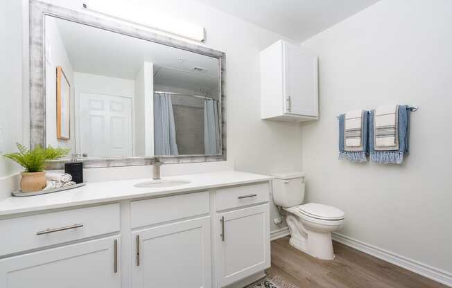 a bathroom with white cabinets and a white toilet