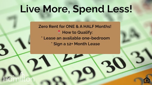 A calendar is used as a background for an advertisement offering zero rent for one and a half months for leasing a one-bedroom apartment.