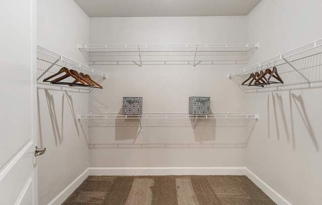 A white closet with two shelves and two hangers.