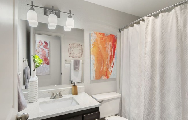 a bathroom with a shower curtain and a sink