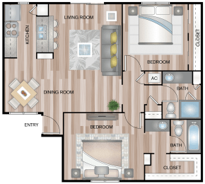 2 beds, 2 baths, 1,018 sqft, $1,304