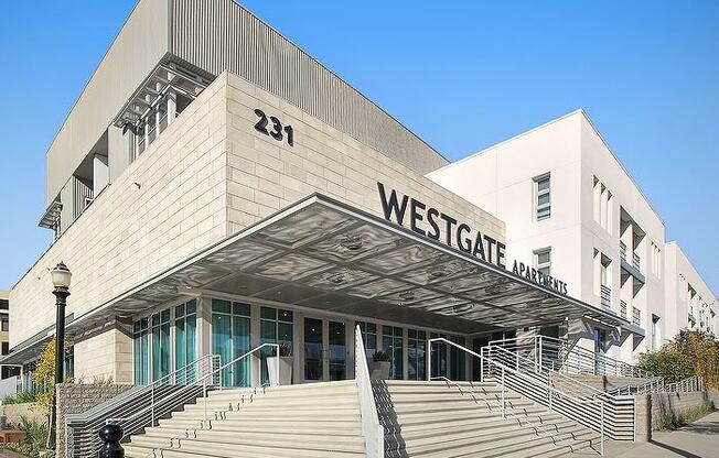 a large building with stairs in front of it