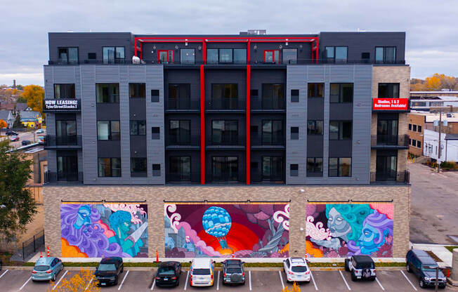 Tyler Street Stacks drone exterior image with mural on building