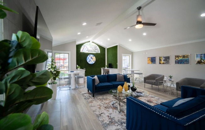 a living room with a green accent wall and blue couches