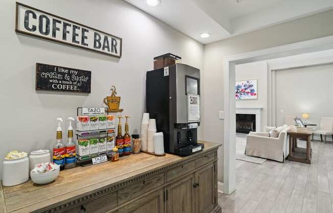 the lobby of a coffee bar with a coffee machine