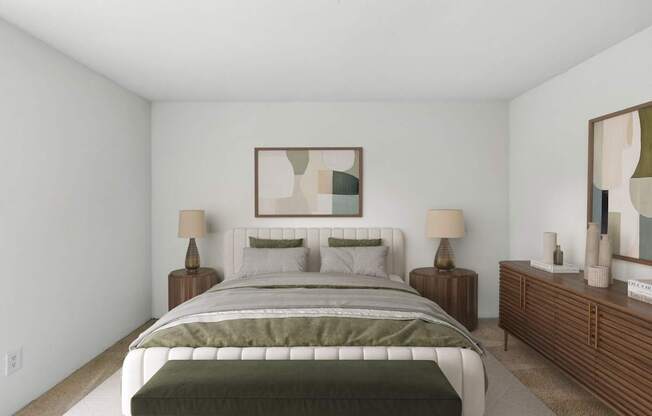 A bedroom with a large bed and a painting on the wall.