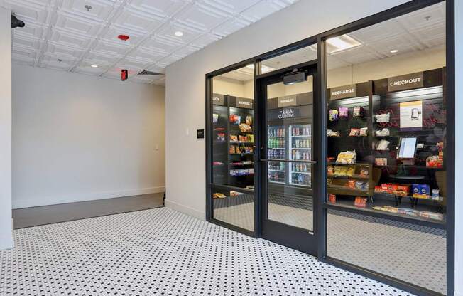 A store with a black and white checkered floor.