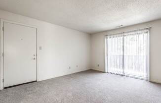 A room with a white door and a window with blinds.