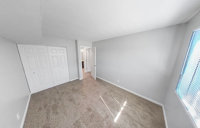 a bedroom with a carpeted floor and a door to a closet